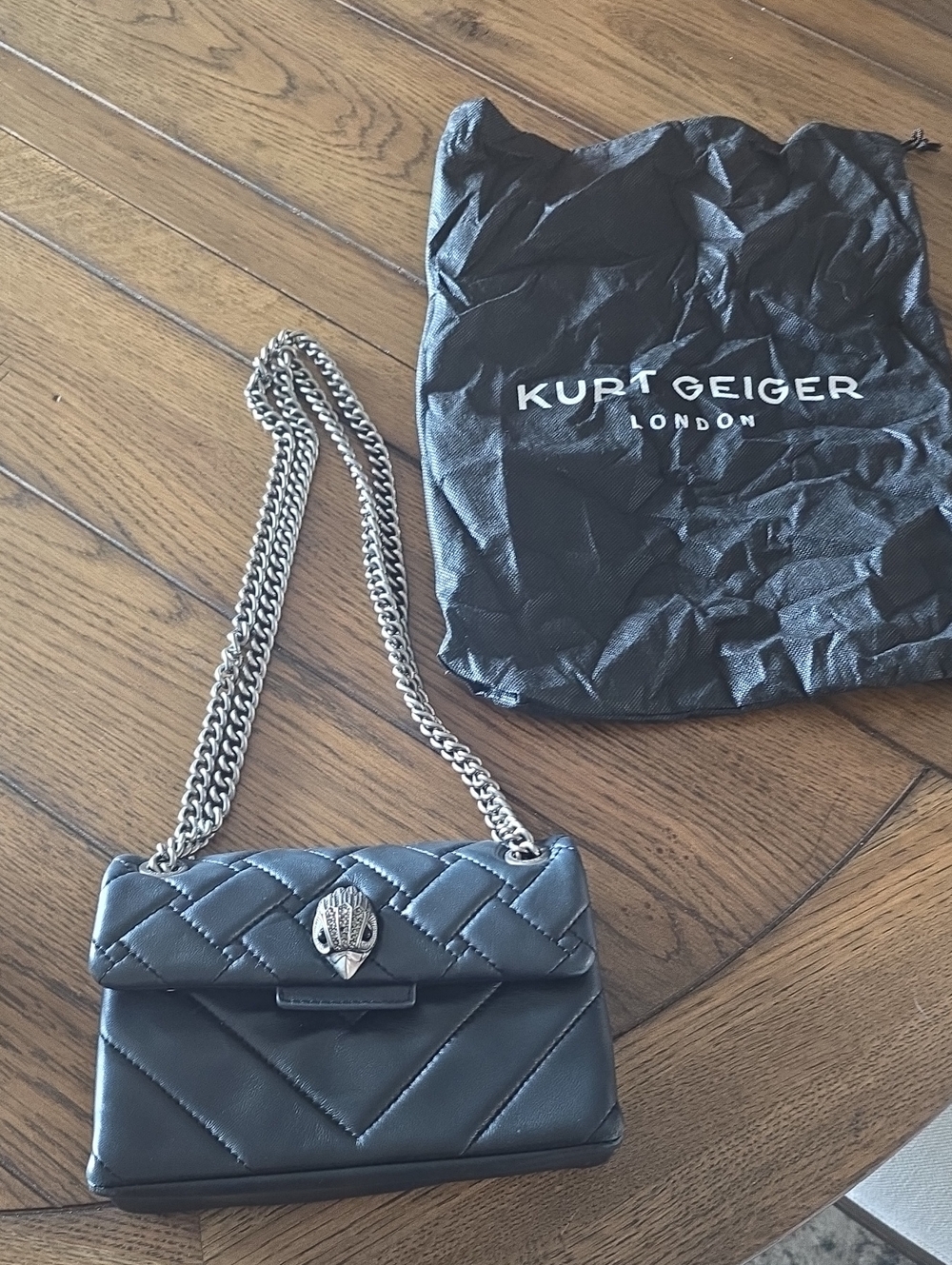 Kurt Geiger Mini KensingtonBlack Quilted Crossbody with Silver Chain - Picture 7 of 11